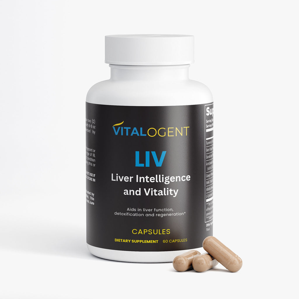 Vitalogent LIV supplement bottle with capsules on a white background