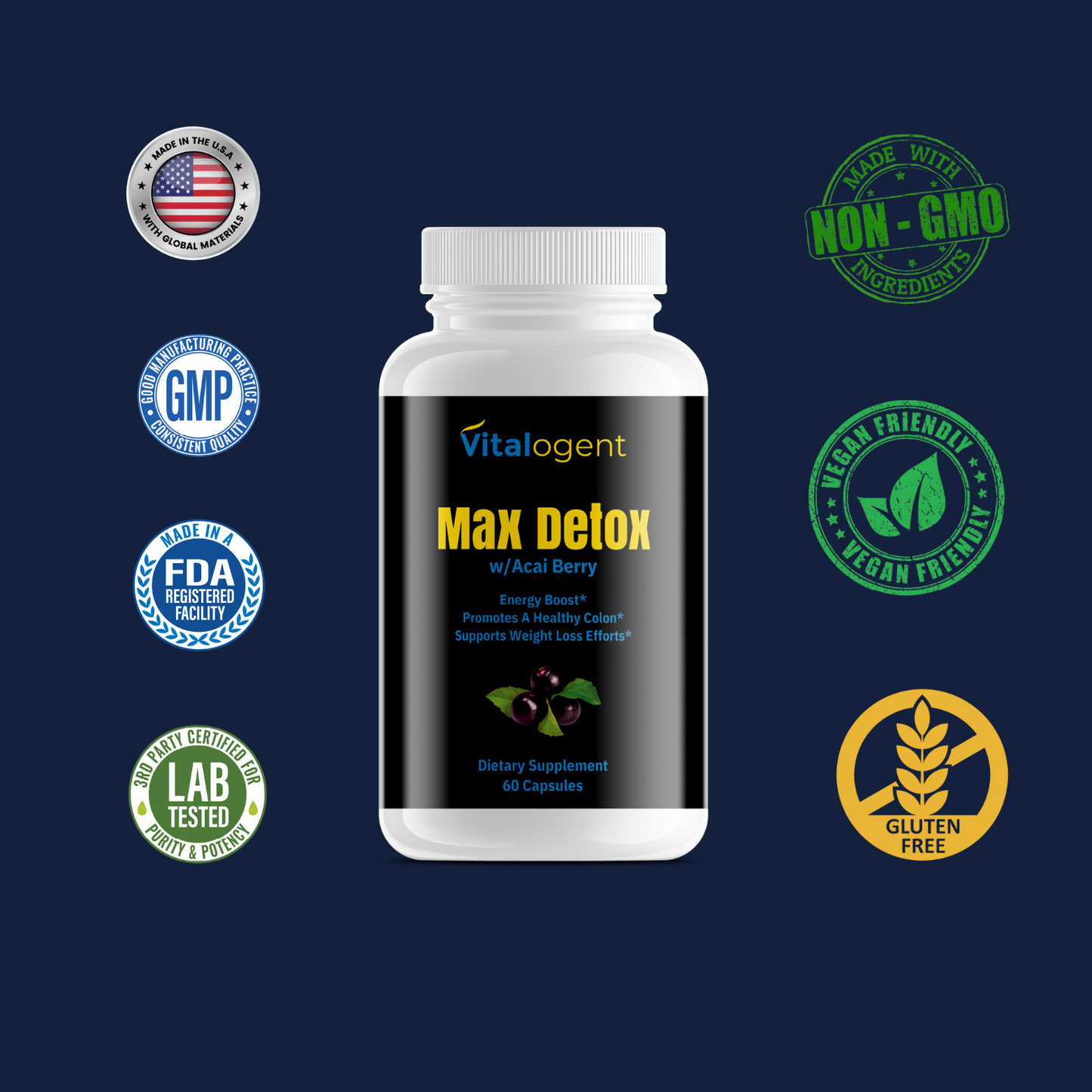 Vitalogent Max Detox supplement bottle with certification logos on a dark blue background