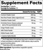 Supplement facts label with various ingredients and their amounts per serving.