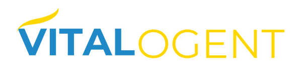 Vitalogent logo with blue and yellow text on a white background