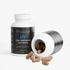 Vitalogent LIV supplement bottle with open lid showing capsules on a white background