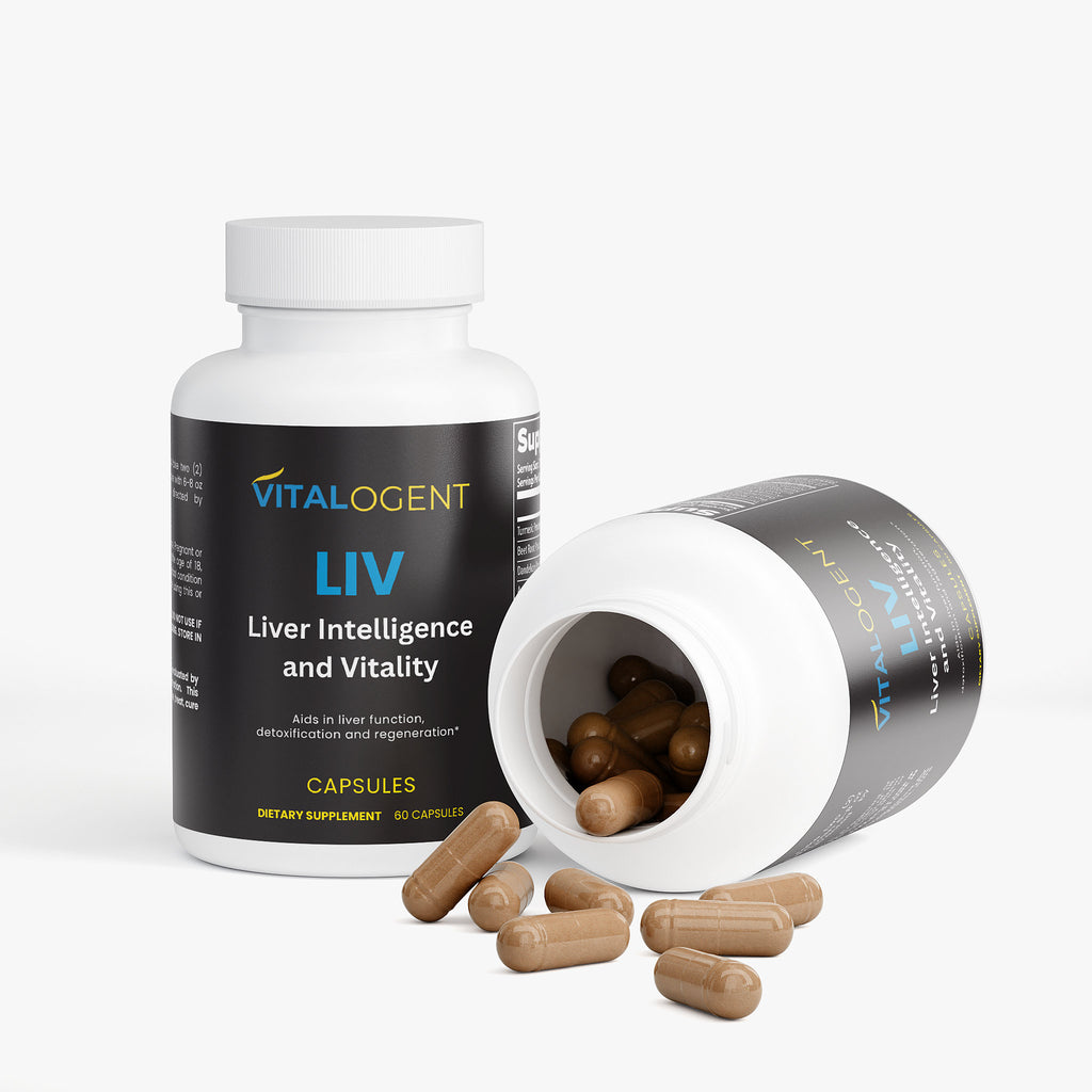 Vitalogent LIV supplement bottle with open lid showing capsules on a white background