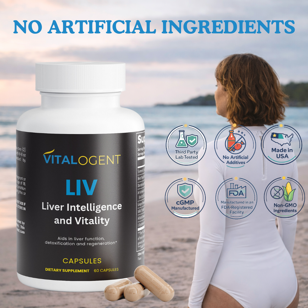 Vitalogent LIV supplement bottle with woman on beach, emphasizing natural ingredients.
